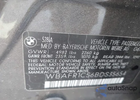 2011 BMW 528I from USA, damaged, VIN WBAFR1C56BDS35654